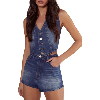 Nasty Gal Rodeo Faux Pearl Denim Waistcoat In Authentic Midwash