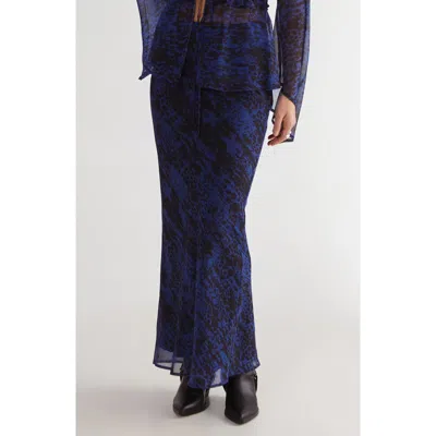 Nasty Gal Snakeskin Print Bias Cut Crinkle Chiffon Maxi Skirt In Blue