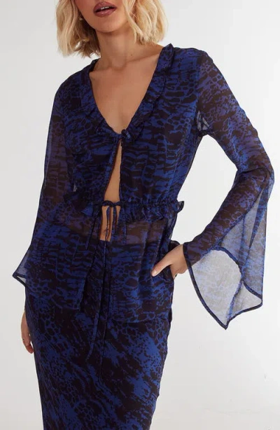 Nasty Gal Snakeskin Print Ruffle Chiffon Top In Blue