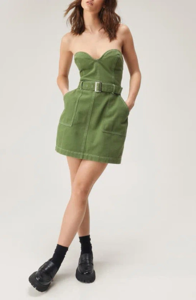 Nasty Gal Strapless Belted Twill Minidress In Khaki