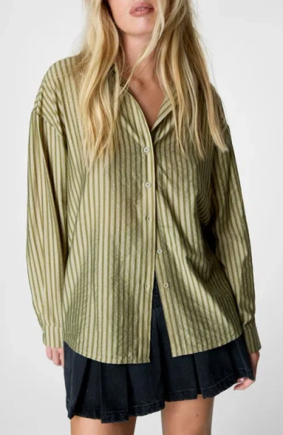Nasty Gal Stripe Cotton Oversize Button-up Shirt In Sage
