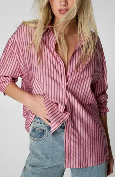 Nasty Gal Stripe Cotton Oversize Button-up Shirt In Pink