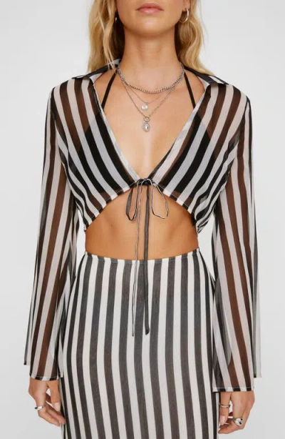 Nasty Gal Stripe Sheer Tie Front Crop Top In Black