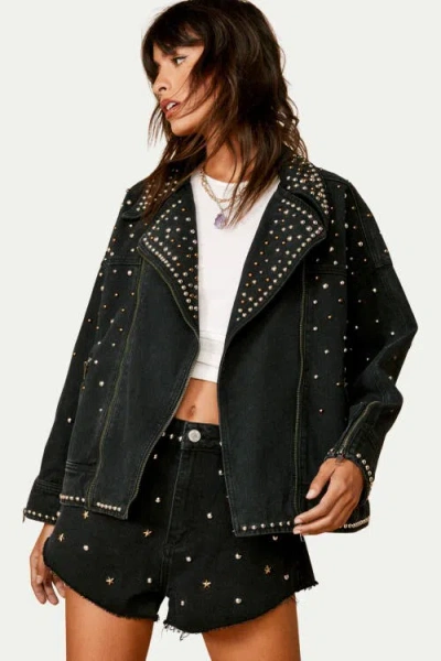 Nasty Gal Studded Denim Biker Jacket In Black