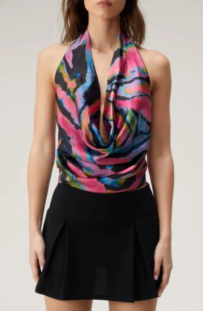 Nasty Gal Zebra Print Plunge Cowl Neck Satin Halter Top In Pink Multi