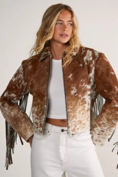 Nasty Gal Zip Through Fringe Jacket In Brown