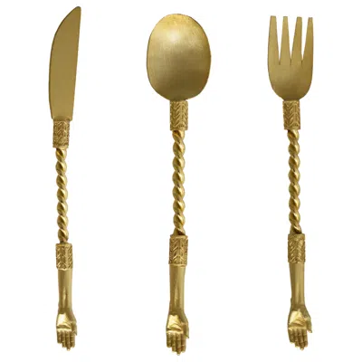 Pre-owned Natalia Criado Contemporary Hand Cutlery Servers Golden Plated Handcrafted Italy  In Brown