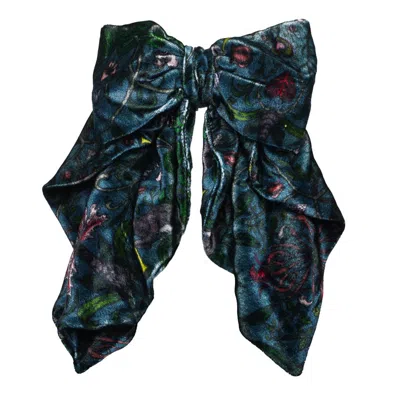 Natalia Petruch Women's Blue Eloise Hair Clip Silk Velvet Bow In Mystic Rabbit Print