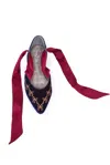 Natalia Petruch Women's Blue / Red Clotilde Velvet Embroidered Flats With Silk Straps In Navy In Blue/red