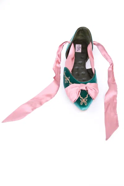 Natalia Petruch Women's Green / Pink / Purple Clotilde Velvet Embroidered Flats With Silk Bow & Straps In Teal In Green/pink/purple