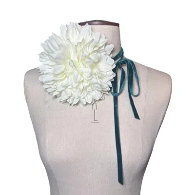 Natalia Petruch Women's Green / White Bianca Ribbon-tie Statement Necklace – White Oversized Faux Peony, Wear As Nec In Multi