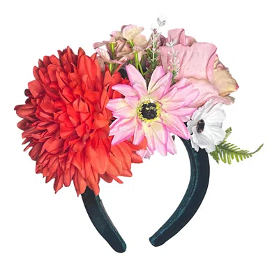 Natalia Petruch Women's Orange / Green Aurora Deep Green Velvet Oversized Flower Headband – Orange Peony With Pink & In Multi
