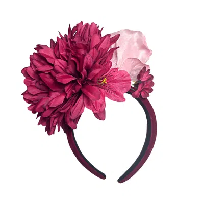Natalia Petruch Women's Pink / Red Amara Deep Red Wine Velvet Flower Headband – Oversized Red Peony & Pink Rose, Han In Multi