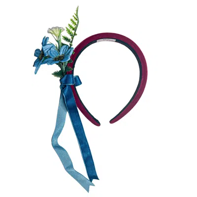 Natalia Petruch Women's Red / Blue Celestia Deep Red Wine Velvet Flower Headband – Blue Faux Flowers With Teal Velve In Multi