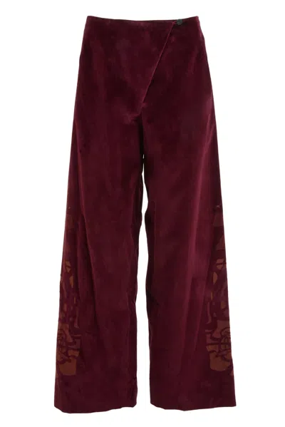 Natalia Petruch Women's Red Brigette Trousers In Burgundy Velvet With Laser Cut Details