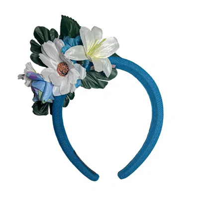 Natalia Petruch Women's White / Blue Liora Blue Striped Velvet Flower Headband – Small Blue & White Faux Flowers, Ha In Multi
