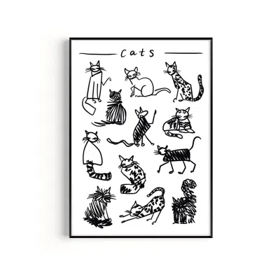 Natalie Cass Art Black / White Cat Black And White Drawing Art Print - A3