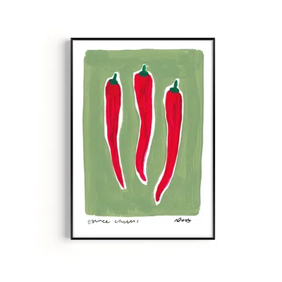 Natalie Cass Art Green / Red Three Chillis Hand Painted Art Print - A2 In Multi