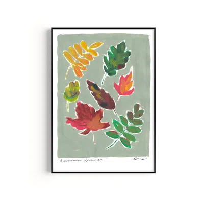 Natalie Cass Art Neutrals / Green Autumn Leaves Hand Painted Art Print - A3