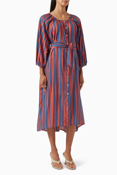 Natalie Martin Alex Midi Dress With Sash In Blood Orange/blue Batik Stripe