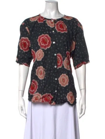 Pre-owned Natalie Martin Floral Print Crew Neck Blouse In Black