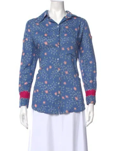 Pre-owned Natalie Martin Floral Print Long Sleeve Button-up Top In Blue