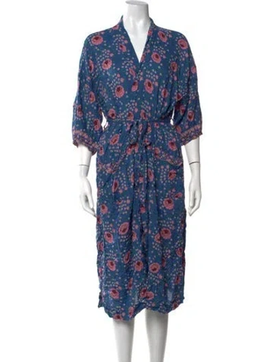 Pre-owned Natalie Martin Floral Print Midi Length Dress In Blue