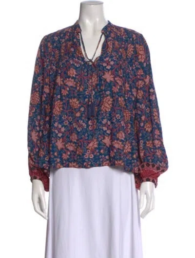 Pre-owned Natalie Martin Floral Print Tie Neck Blouse In Blue