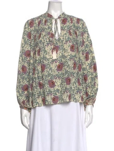 Pre-owned Natalie Martin Floral Print Tie Neck Blouse In Neutral
