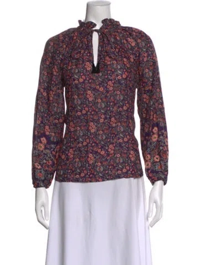 Pre-owned Natalie Martin Floral Print Tie Neck Blouse In Purple