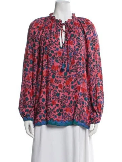 Pre-owned Natalie Martin Floral Print Tie Neck Blouse W/ Tags In Blue