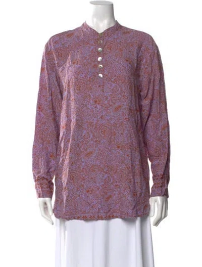 Pre-owned Natalie Martin Paisley Print Mock Neck Button-up Top In Blue