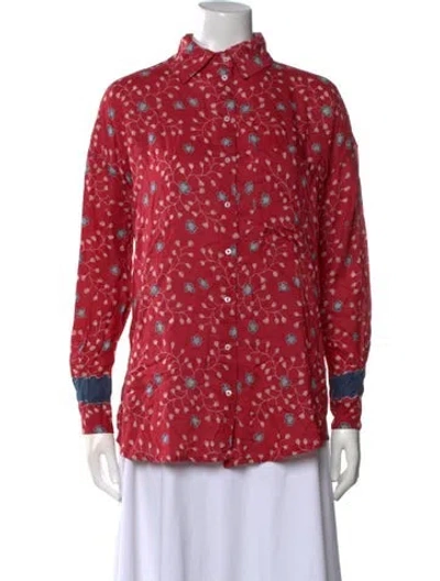 Pre-owned Natalie Martin Printed Mock Neck Button-up Top In Red
