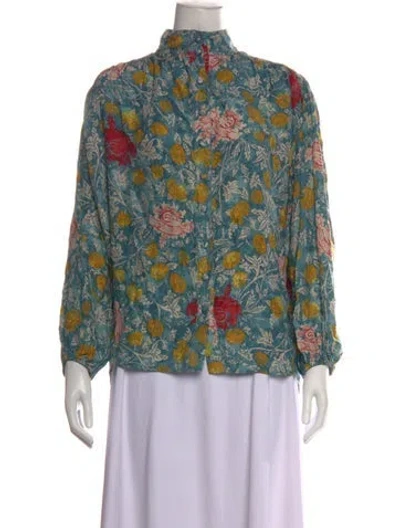Pre-owned Natalie Martin Silk Floral Print Blouse In Blue