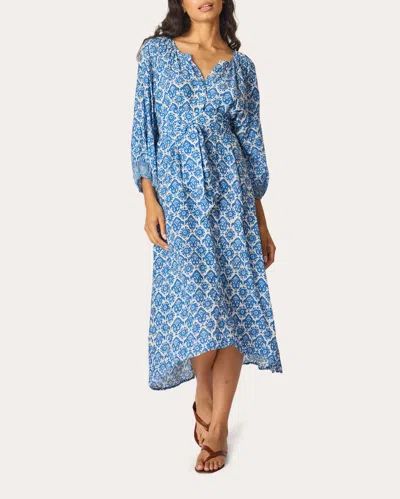 Natalie Martin Women's Alex Fleur De Lis Belted Button-up Top Midi Dress In Blue