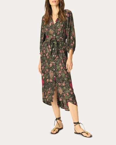 Natalie Martin Women's Alex Floral Silk Belted Button-up Top Midi Dress In Black