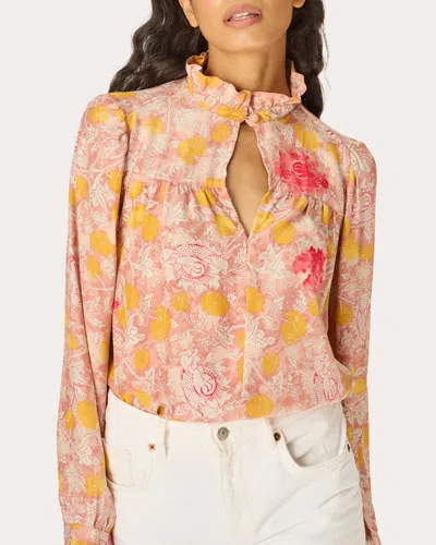 Natalie Martin Women's Georgia Floral Silk Ruffle-collar Top In Orange