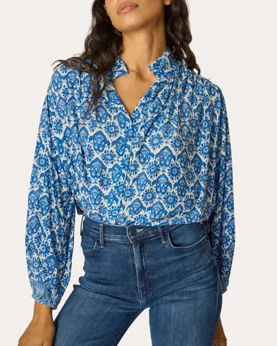 Natalie Martin Women's Iris Fleur De Lis Button-up Peasant Top In Blue