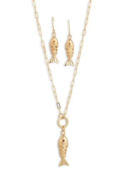Natasha Articulated Fish Earrings & Pendant Necklace Set In Gold