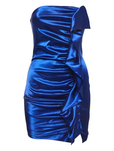 Pre-owned Natasha Collis Satin Ruffle Mini Dress In Blue