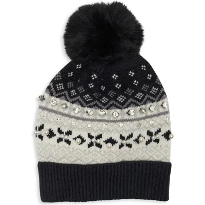 Natasha Fair Isle Pom Beanie With Crystals And Faux Pearls In Multi