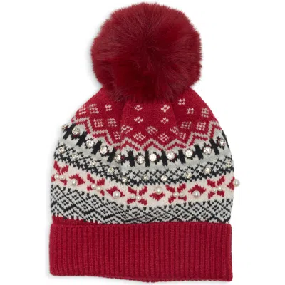 Natasha Fair Isle Pom Beanie With Crystals And Faux Pearls In Multi