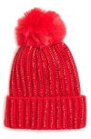 Natasha Faux Fur Pompom & Stone Beanie In Red