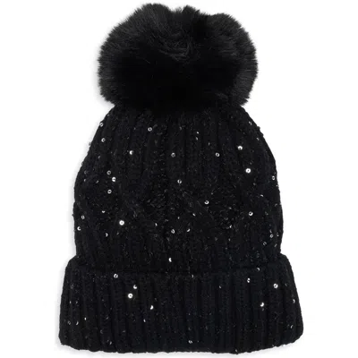 Natasha Sequin Cable Knit Pom Beanie In Black