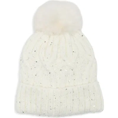 Natasha Sequin Cable Knit Pom Beanie In White
