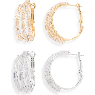Natasha Set Of 2 Baguette 3-row Hoop Earrings In Gold/ Silver