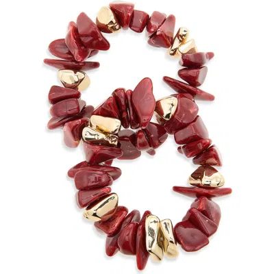 Natasha Set Of 2 Beaded Stretch Bracelets In Gold/ Cherry Red