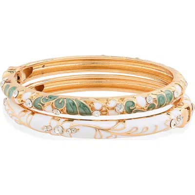 Natasha Set Of 2 Enamel Flower Bangle Bracelets In Sage Green/ White