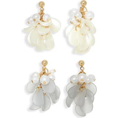 Natasha Set Of 2 Faux Pearl & Petal Shaky Drop Earrings In Gold