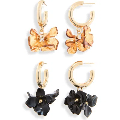 Natasha Set Of 2 Flower Petal Drop Hoop Earrings In Black/ Brown